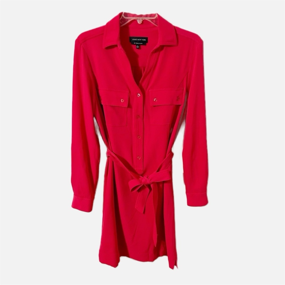 Jones New York Shirt Dress Tie Waist V-neck Partial Button Front Collar Dress 🩷
